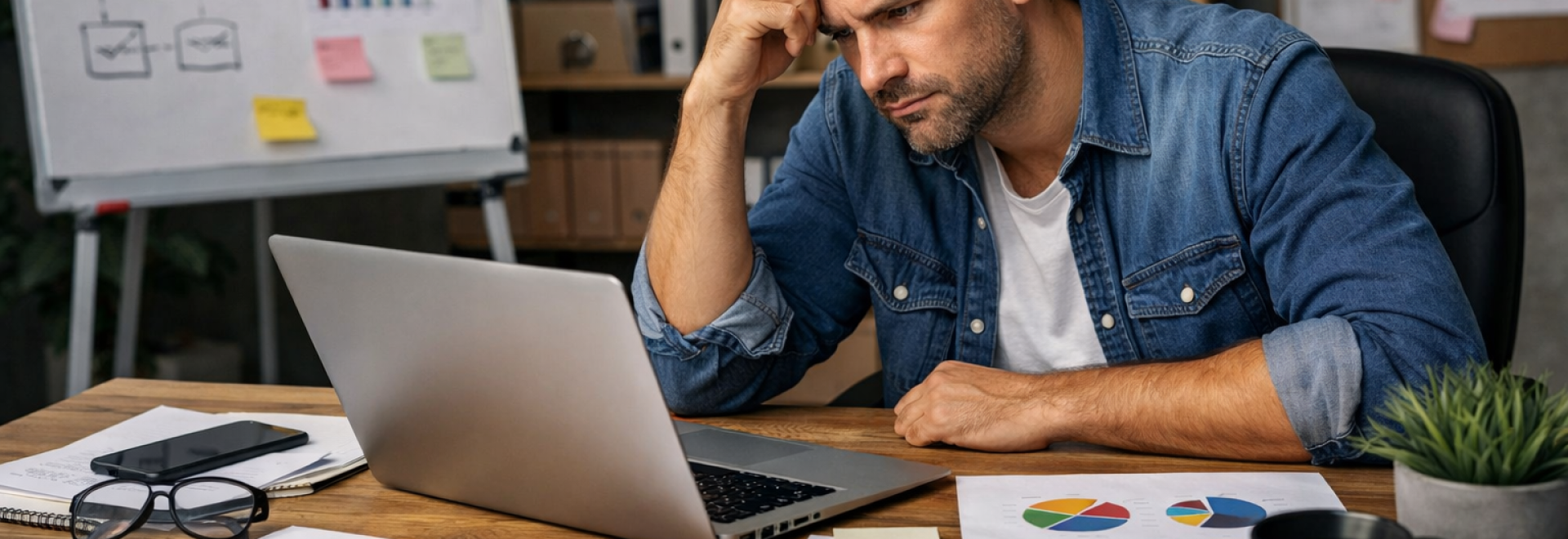 Vállalkozó laptop előtt, aki a weboldal konverzió hiánya miatt elemzi a marketing stratégiát